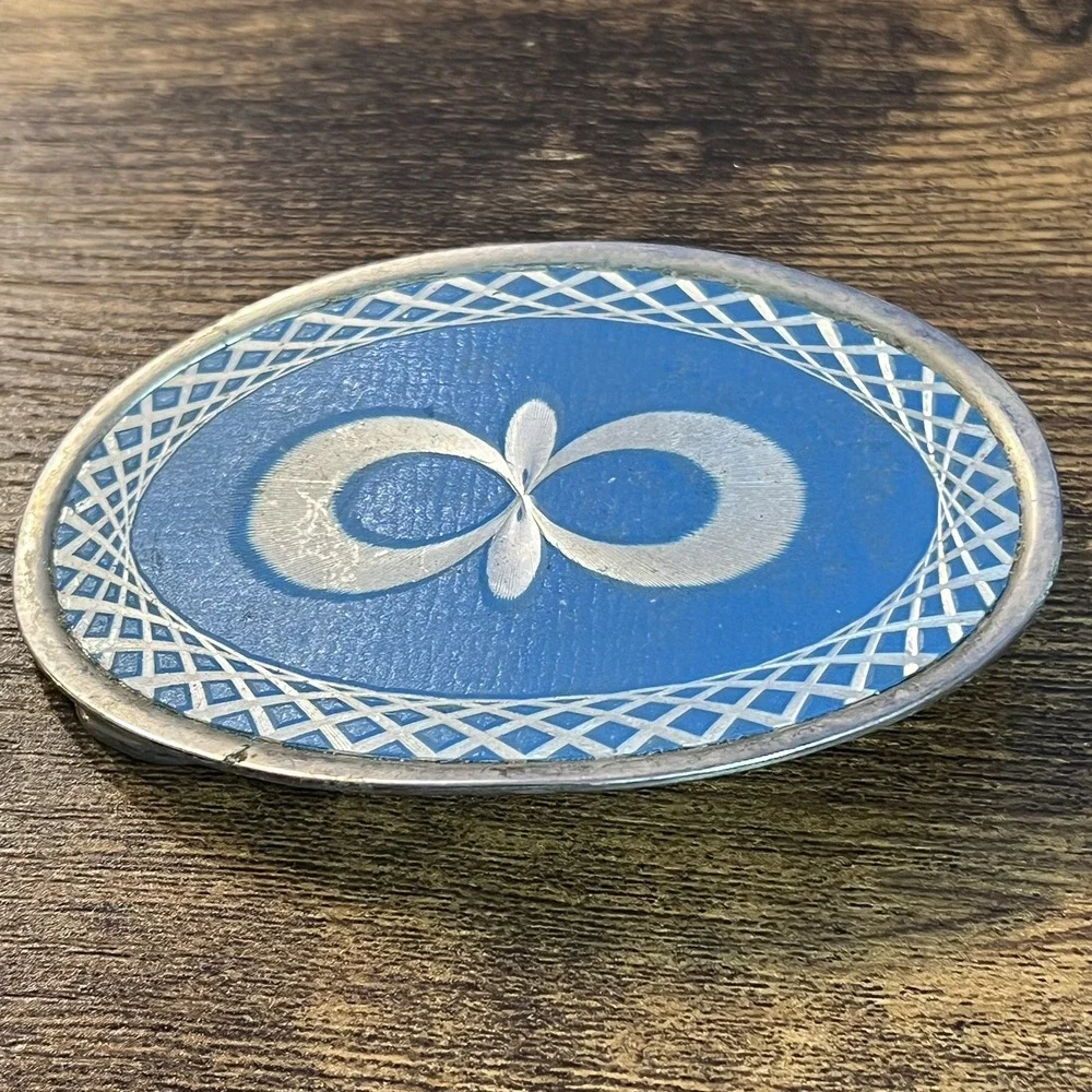 Vintage Western Belt Buckle Blue White Silver Etched Geometric Rope Border Metal